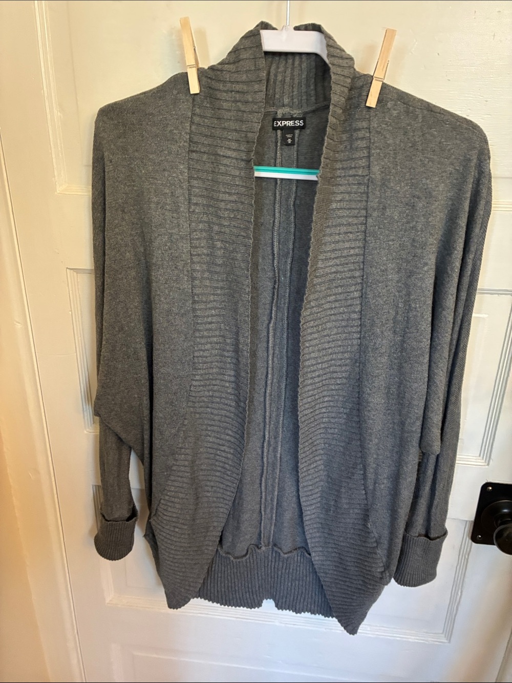 280 Express Gray / Green Open-Front Ribbed-Trim Cardigan